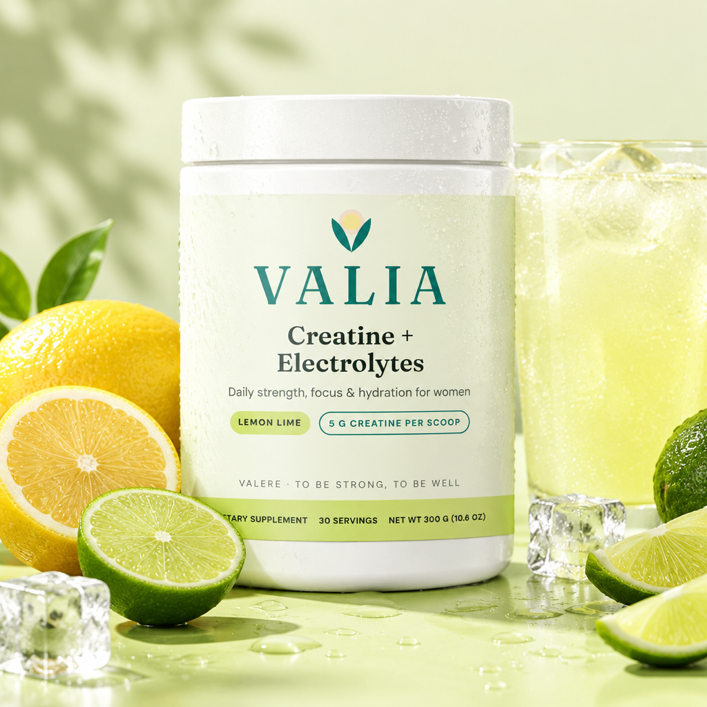 VALIA Lemon Lime tub with fresh lemons, limes and an iced drink