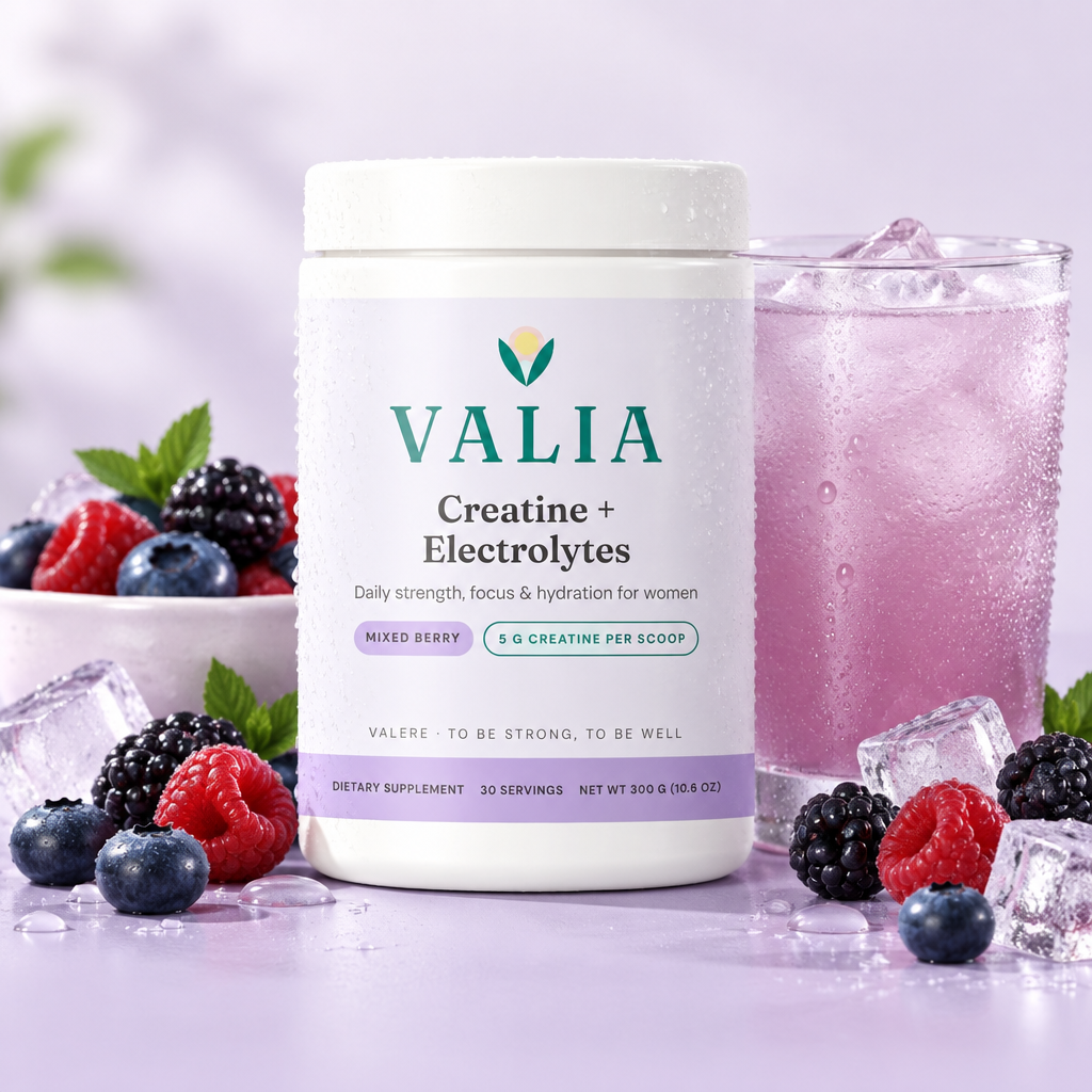VALIA Mixed Berry tub with fresh berries and an iced drink